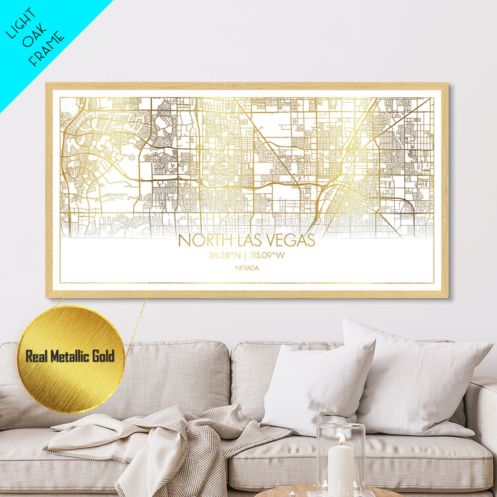 North Las Vegas Nevada City Poster, Metallic Gold Art, Metal Art, real wood frames, black and gold, Street Map Art, Modern House Art