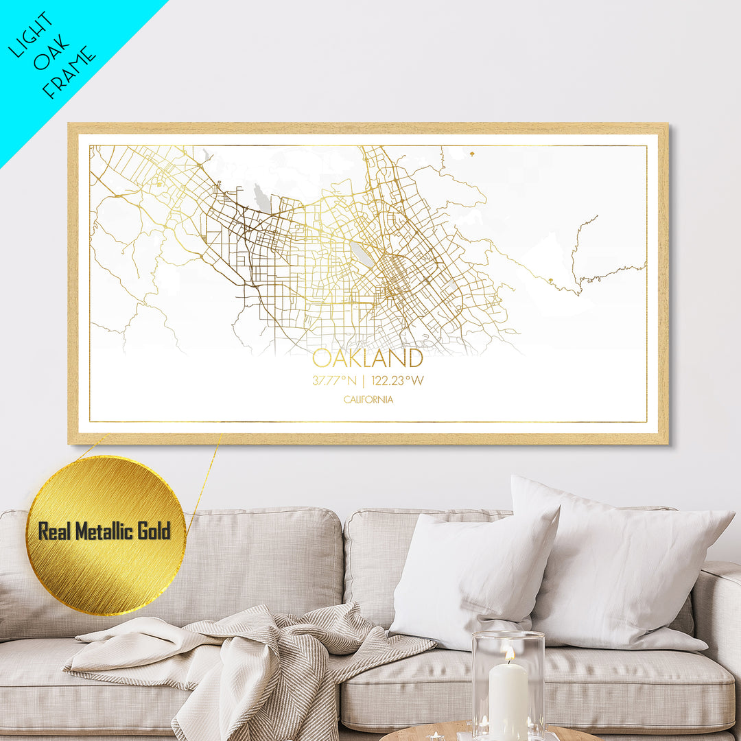 Oakland California City street map, Metallic Gold Print, Metal Art, wood framed map, black and gold, Street Map Wall Art, Office Decor