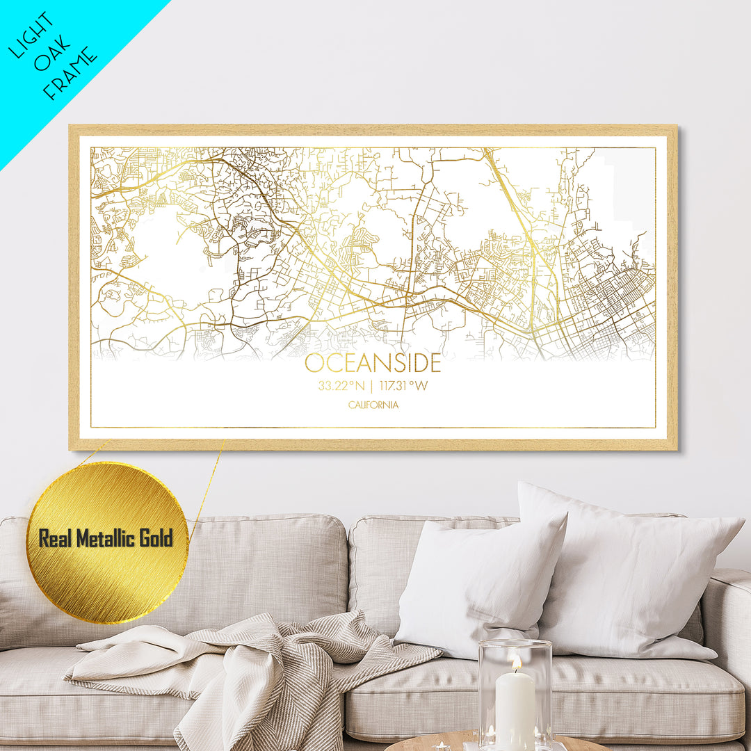 Oceanside California City Poster, Metallic Gold Art, Metal Art, real wood frames, black and gold, Street Map Art, Housewarming Gift