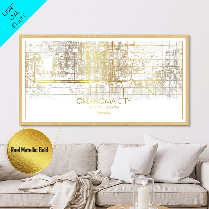 Oklahoma City Oklahoma City street map, Metallic Gold Print, Metal Art, wood framed map, black and gold, Street Map Wall Art, Travel Poster