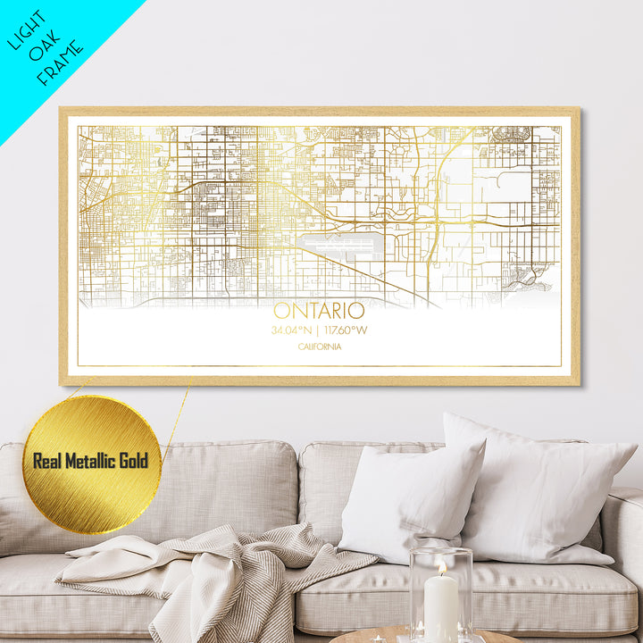 Ontario California City street map, Metallic Gold Print, Metal Art, wood framed map, black and gold, Street Map Wall Art, Minimalist Wall Art