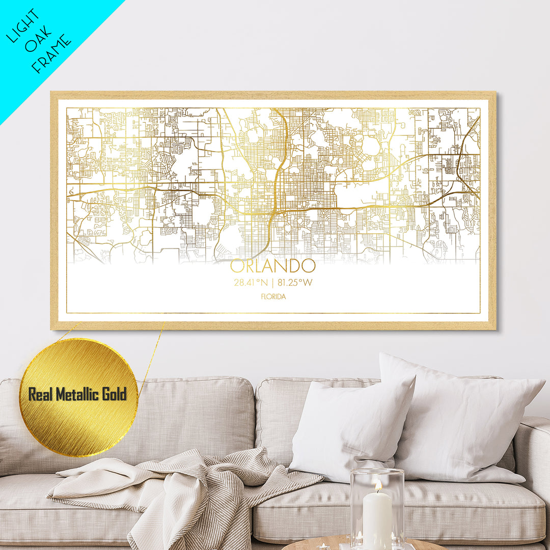Orlando Florida City Poster, Metallic Gold Art, Metal Art, real wood frames, black and gold, Street Map Art, Modern Wall Art