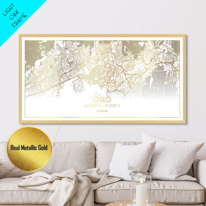 Oslo Norway City street map, Metallic Gold Print, Metal Art, wood framed map, black and gold, Street Map Art, Minimalist Wall Art