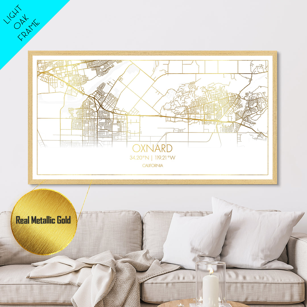 Oxnard California City street map, Metallic Gold Print, Metal Art, wood framed map, black and gold, Street Map Art, Housewarming Gift