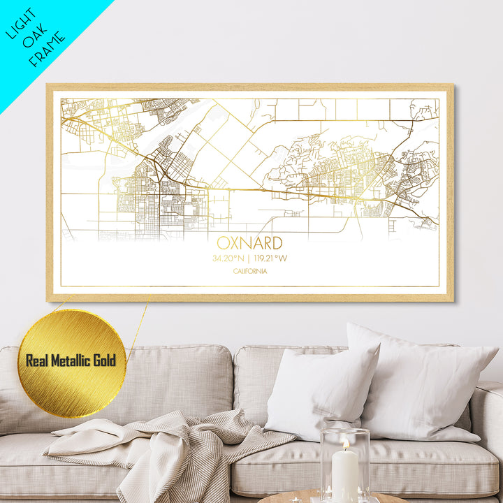 Oxnard California City street map, Metallic Gold Print, Metal Art, wood framed map, black and gold, Street Map Art, Housewarming Gift