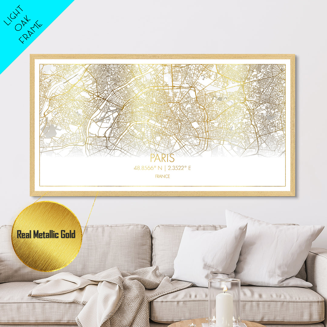 Paris France City Poster, Metallic Gold Art, Metal Art, real wood frames, black and gold, Street Map Wall Art, Gold Street Map Art