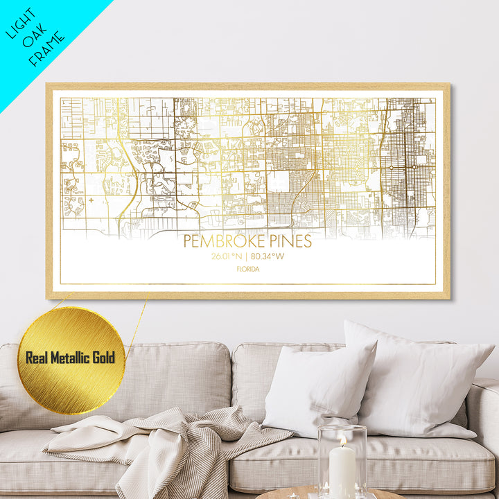 Pembroke Pines Florida City street map, Metallic Gold Print, Metal Art, wood framed map, black and gold, Street Map Art, Best Friend Gifts