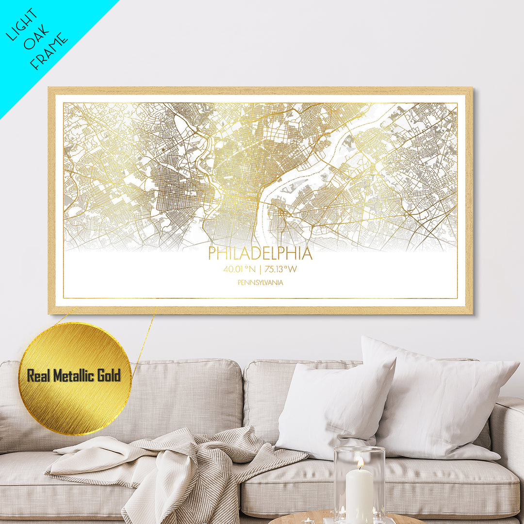 Philadelphia Pennsylvania City street map, Metallic Gold Print, Metal Art, wood framed map, black and gold, Street Map Art, Housewarming Gift