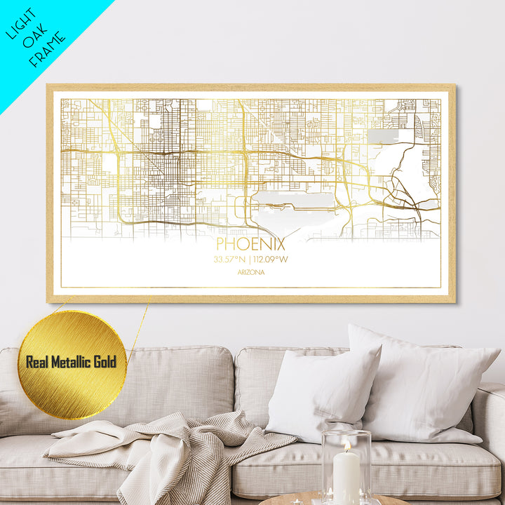 Phoenix Arizona City Poster, Metallic Gold Art, Metal Art, real wood frames, black and gold, Street Map Wall Art, Minimalist Wall Art