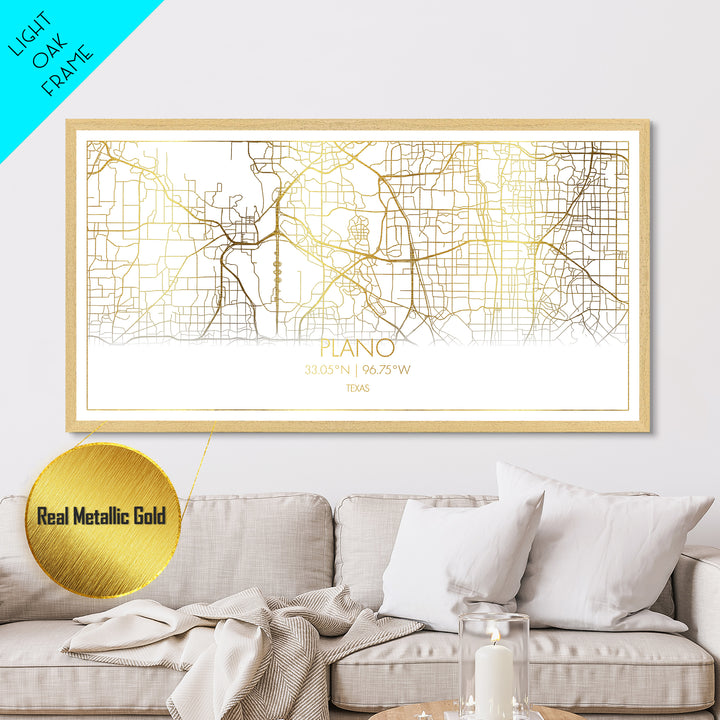 Plano Texas City Poster, Metallic Gold Art, Metal Art, real wood frames, black and gold, Street Map Wall Art, Gold Street Map Art