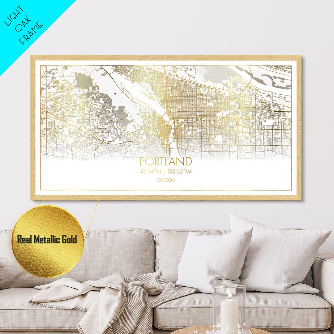 Portland Oregon City street map, Metallic Gold Print, Metal Art, wood framed map, black and gold, Street Map Art, Travel Poster