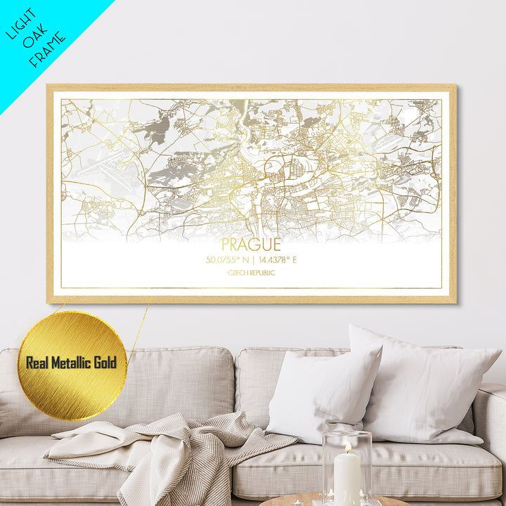 Prague Czech Republic City street map, Metallic Gold Print, Metal Art, wood framed map, black and gold, Street Map Art, Travel Poster