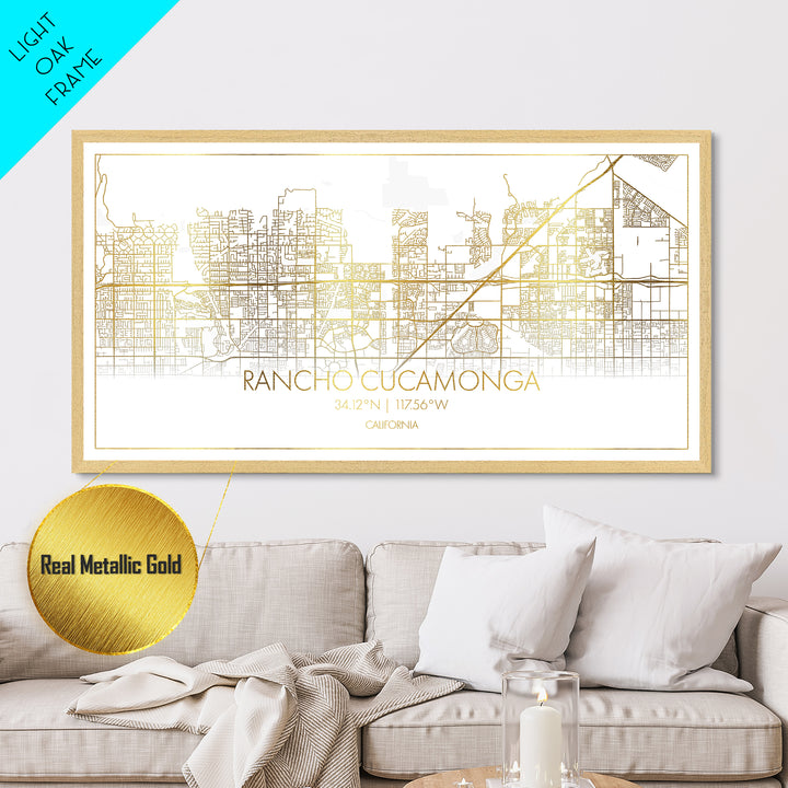 Rancho Cucamonga California City Poster, Metallic Gold Art, Metal Art, real wood frames, black and gold, Street Map Wall Art, College Dorm Décor