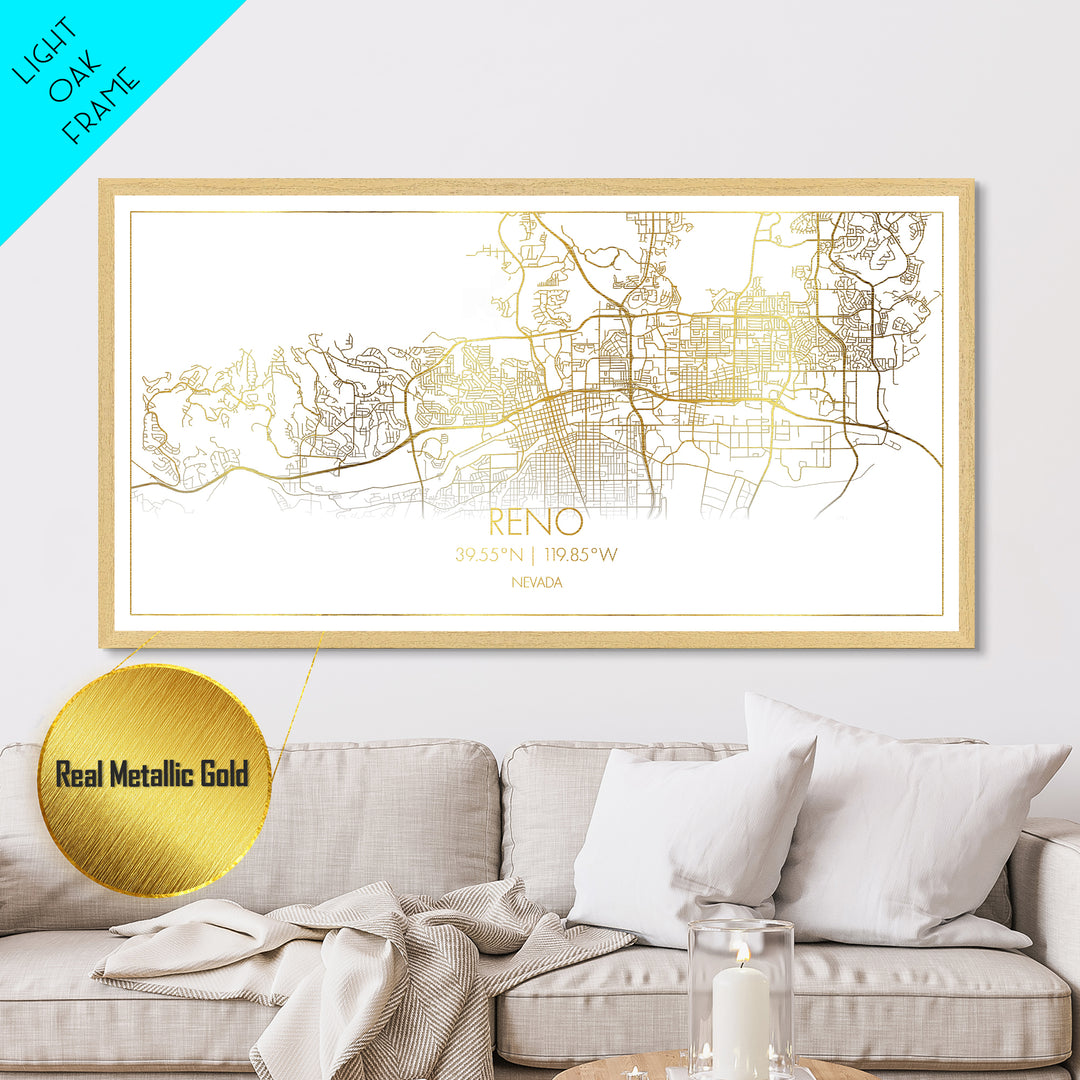 Reno Nevada City street map, Metallic Gold Print, Metal Art, wood framed map, black and gold, Street Map Art, Office Decor
