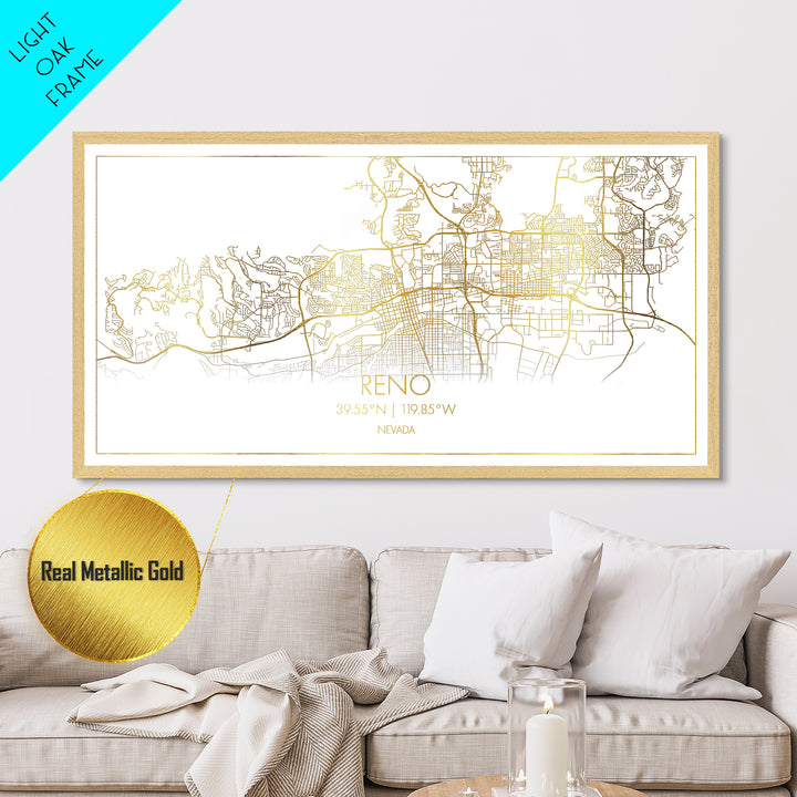 Reno Nevada City street map, Metallic Gold Print, Metal Art, wood framed map, black and gold, Street Map Art, Office Decor