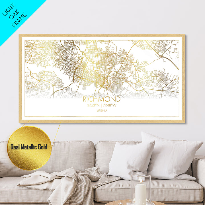 Richmond Virginia City Poster, Metallic Gold Art, Metal Art, real wood frames, black and gold, Street Map Wall Art, Housewarming Gift