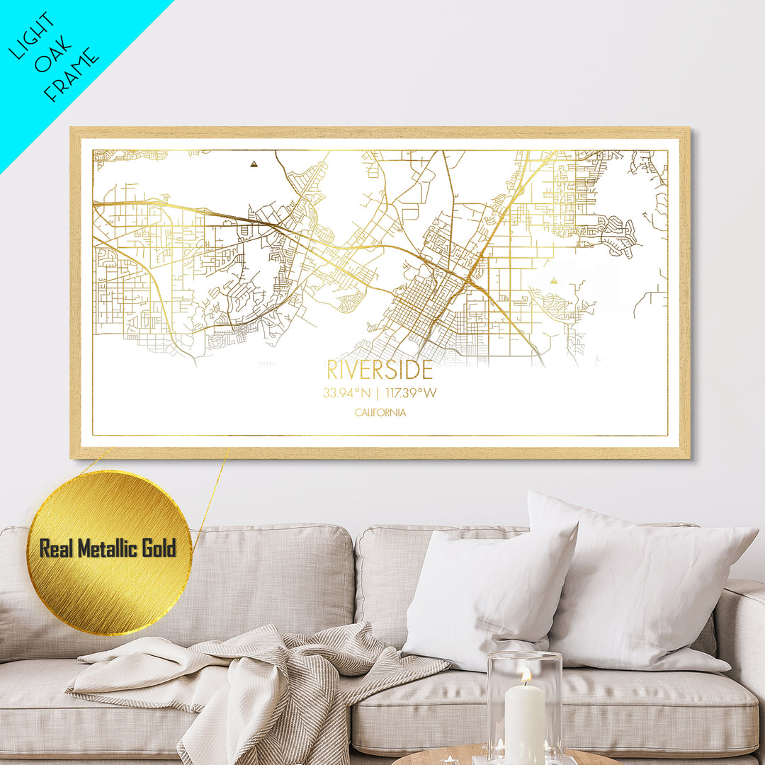 Riverside California City street map, Metallic Gold Print, Metal Art, wood framed map, black and gold, Street Map Art, Real Wood Frames