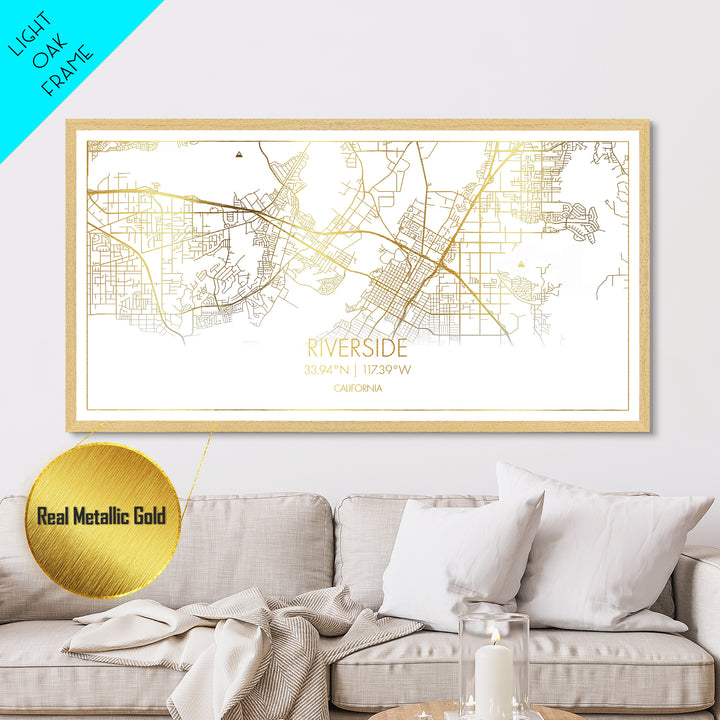Riverside California City street map, Metallic Gold Print, Metal Art, wood framed map, black and gold, Street Map Art, Real Wood Frames