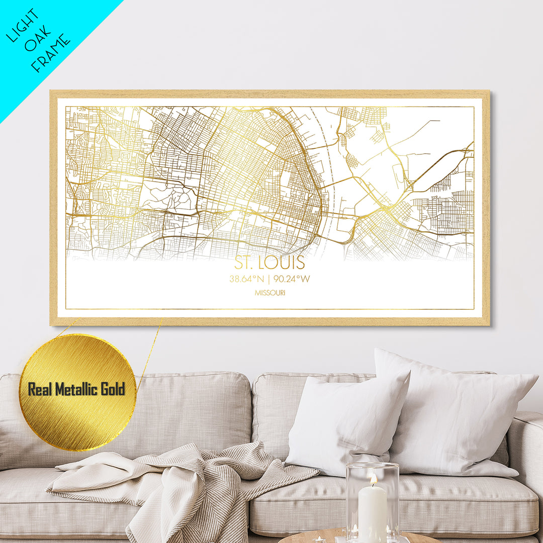 St. Louis Missouri City street map, Metallic Gold Print, Metal Art, wood framed map, black and gold, Street Map Art, Gold Street Map Art