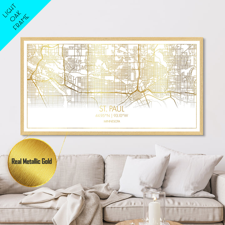 St. Paul Minnesota City Poster, Metallic Gold Art, Metal Art, real wood frames, black and gold, Street Map Wall Art, Map Art