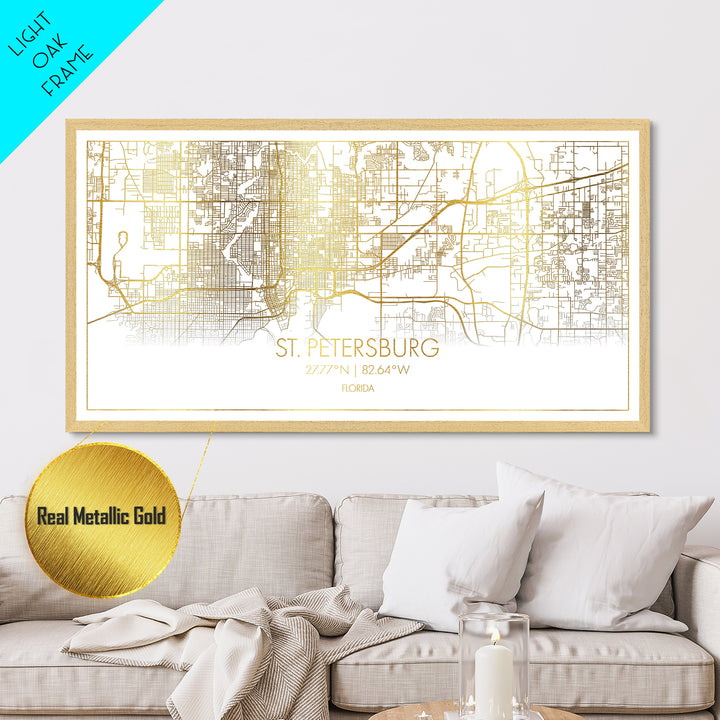 St. Petersburg Florida City street map, Metallic Gold Print, Metal Art, wood framed map, black and gold, Street Map Art, Real Wood Frames