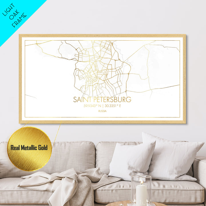 Saint Petersburg Russia City street map, Metallic Gold Print, Metal Art, wood framed map, black and gold, Street Map Art, Real Wood Frames