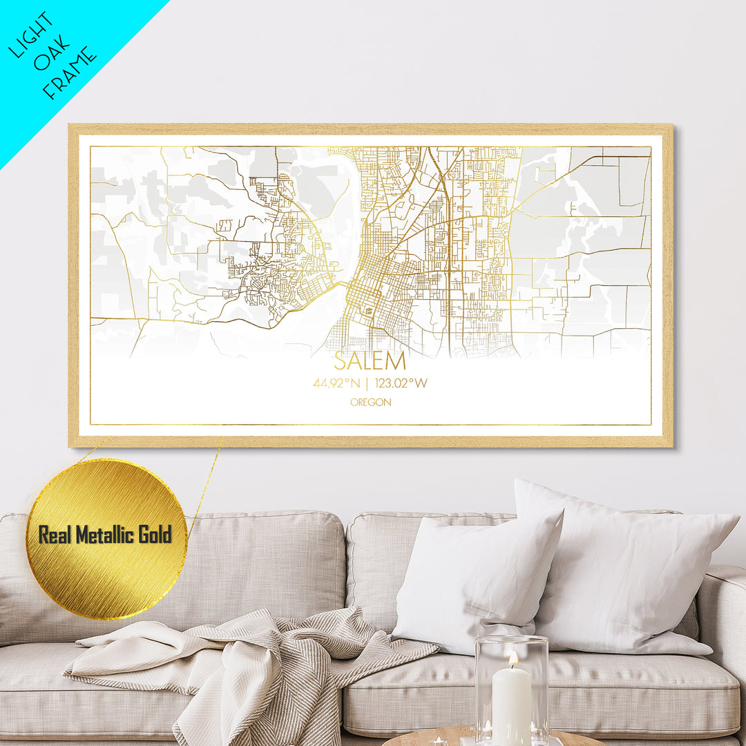 Salem Oregon City Poster, Metallic Gold Art, Metal Art, real wood frames, black and gold, Street Map Wall Art, Gold Street Map Art
