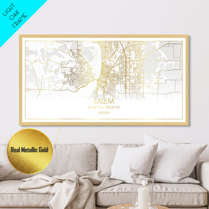 Salem Oregon City Poster, Metallic Gold Art, Metal Art, real wood frames, black and gold, Street Map Wall Art, Gold Street Map Art