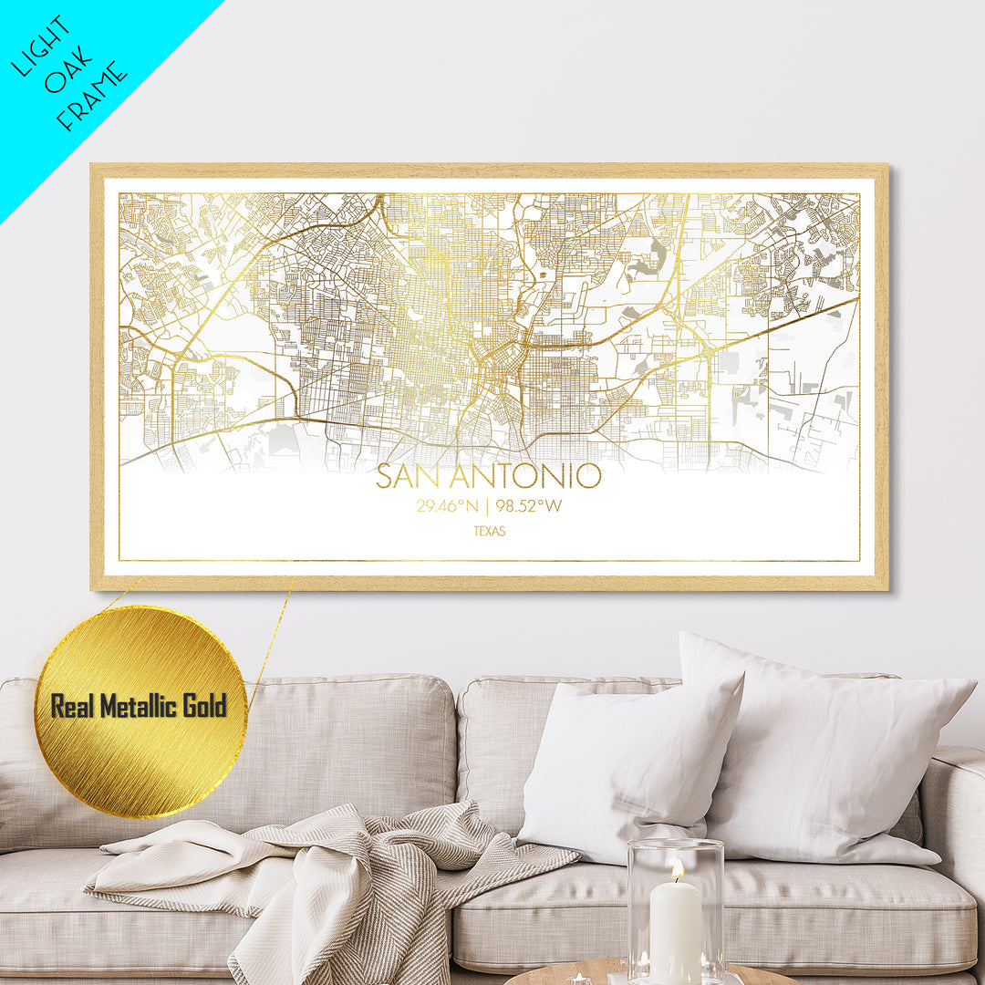 San Antonio Texas City Poster, Metallic Gold Art, Metal Art, real wood frames, black and gold, Street Map Wall Art, College Dorm Décor