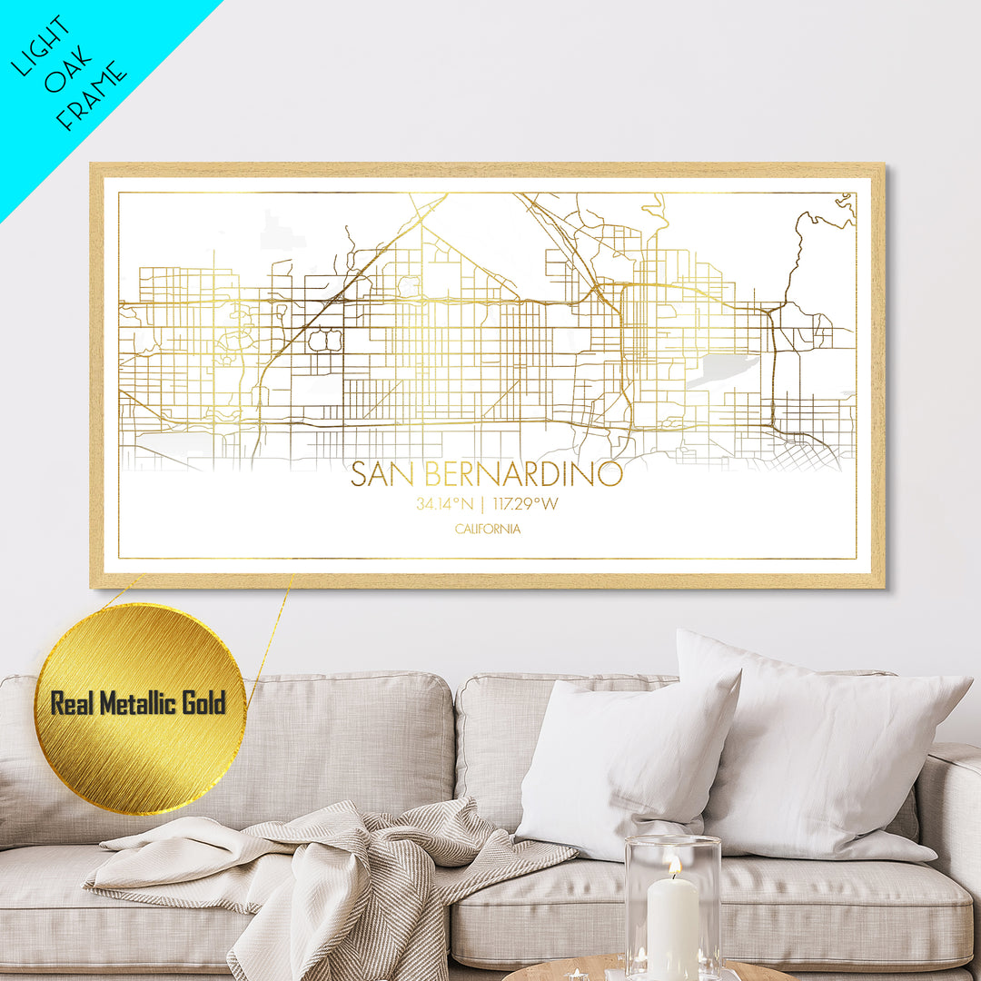 San Bernardino California City street map, Metallic Gold Print, Metal Art, wood framed map, black and gold, Street Map Art, Map Print Poster