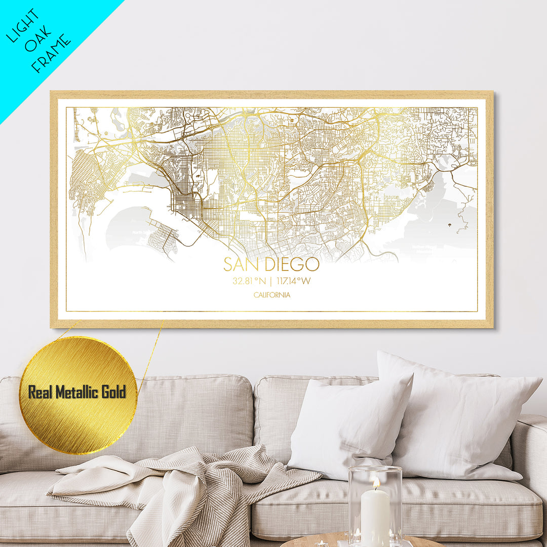 San Diego California City Poster, Metallic Gold Art, Metal Art, real wood frames, black and gold, Street Map Wall Art, Minimalist Wall Art