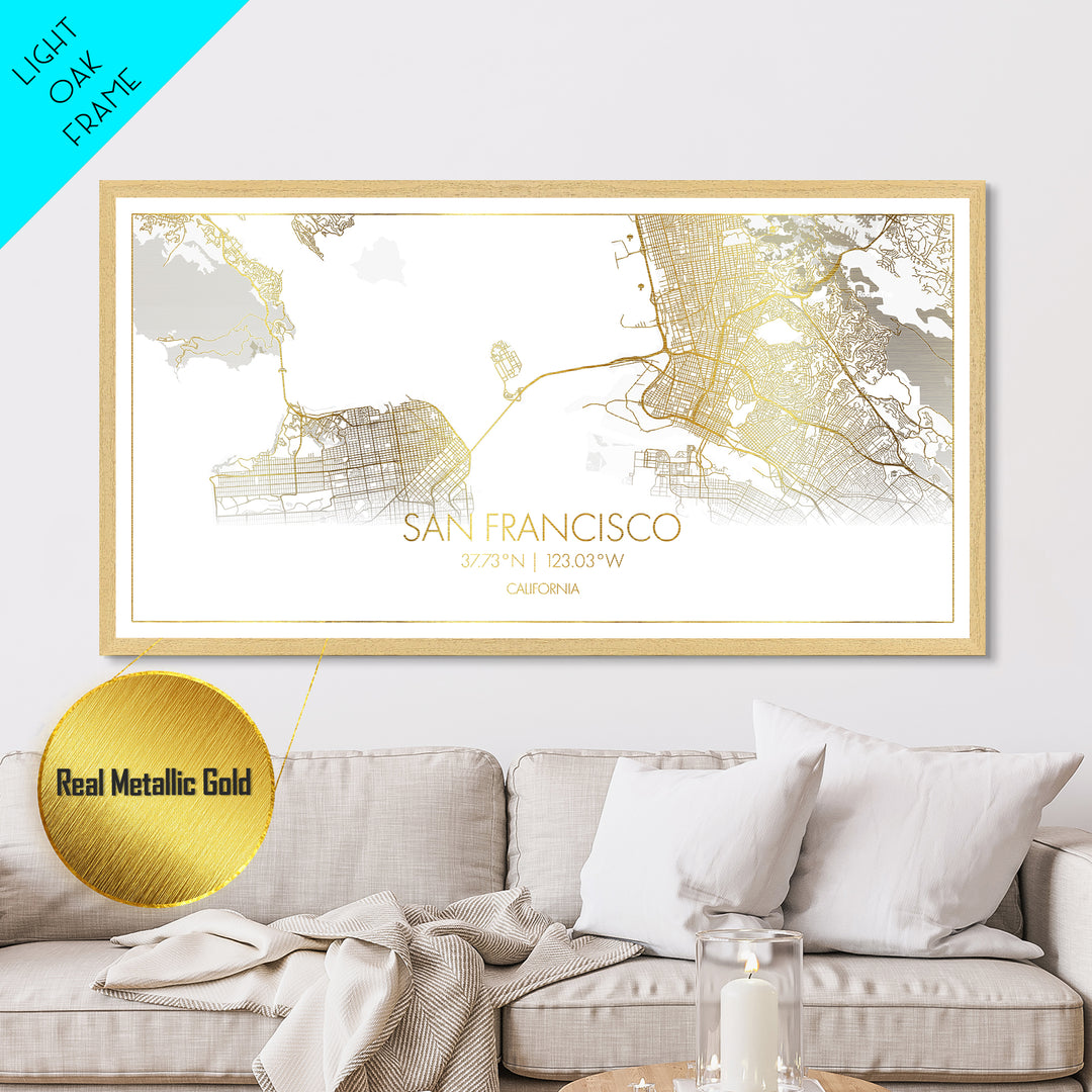 San Francisco California City street map, Metallic Gold Print, Metal Art, wood framed map, black and gold, Street Map Art, Gold Street Map Art