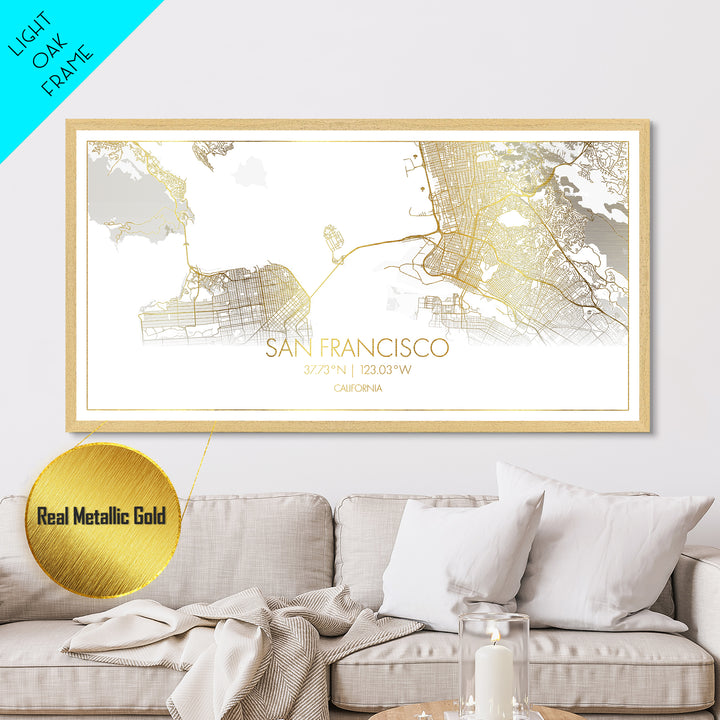 San Francisco California City street map, Metallic Gold Print, Metal Art, wood framed map, black and gold, Street Map Art, Gold Street Map Art
