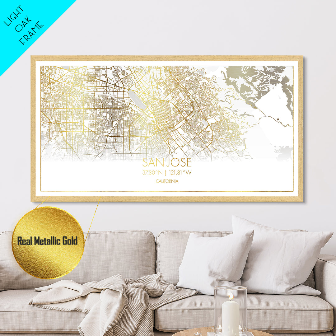 San Jose California City Poster, Metallic Gold Art, Metal Art, real wood frames, black and gold, Street Map Wall Art, Housewarming Gift