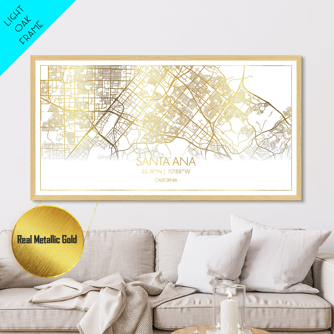Santa Ana California City street map, Metallic Gold Print, Metal Art, wood framed map, black and gold, Street Map Art, Modern Wall Art