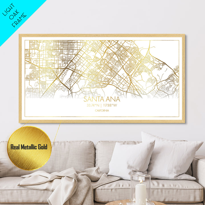 Santa Ana California City street map, Metallic Gold Print, Metal Art, wood framed map, black and gold, Street Map Art, Modern Wall Art