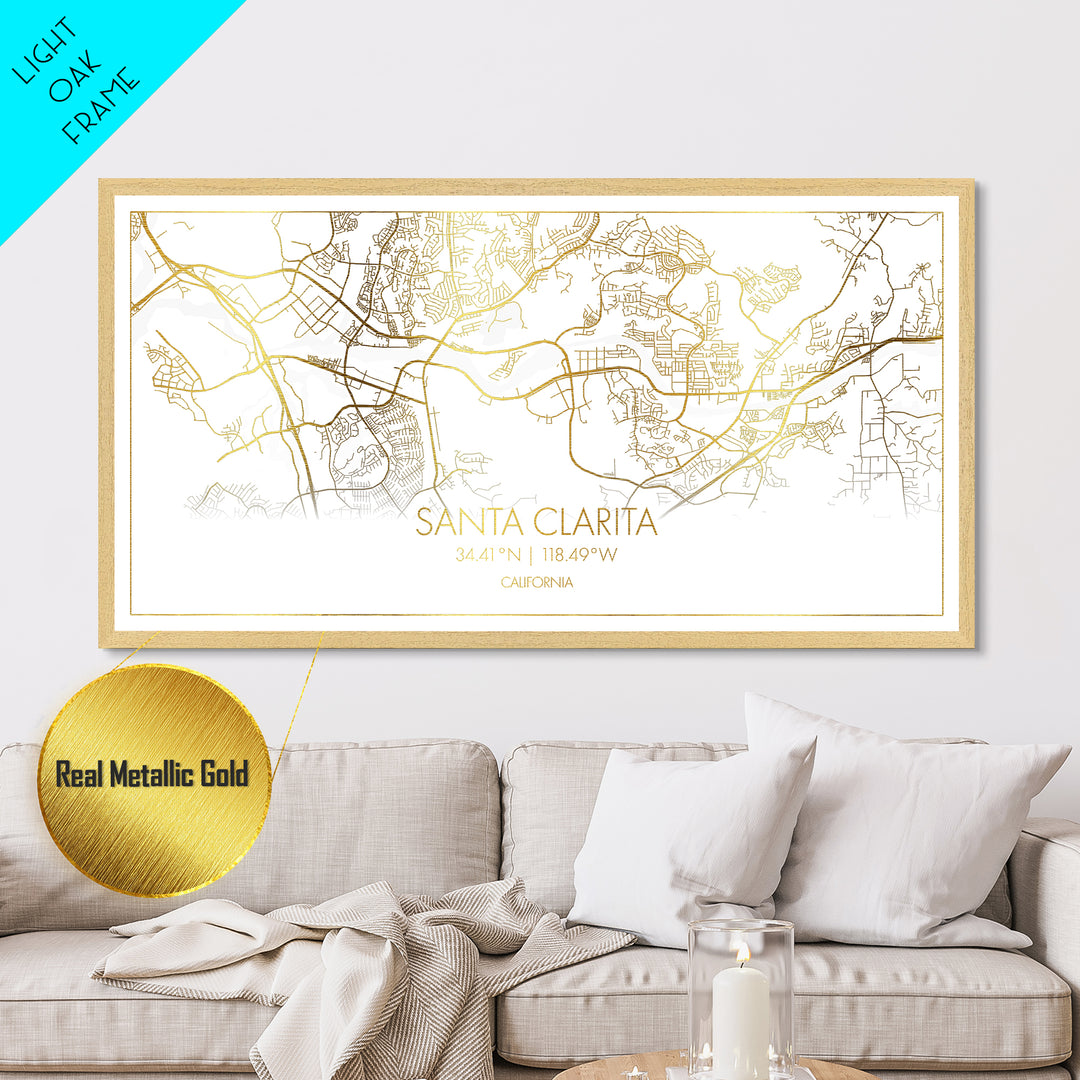 Santa Clarita California City Poster, Metallic Gold Art, Metal Art, real wood frames, black and gold, Street Map Wall Art, Real Wood Frames