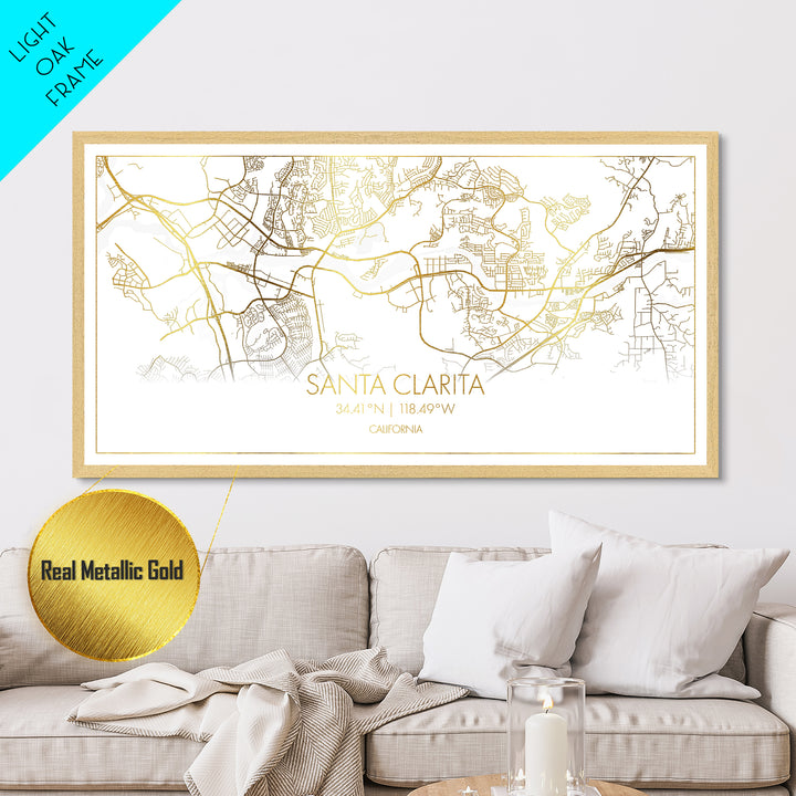 Santa Clarita California City Poster, Metallic Gold Art, Metal Art, real wood frames, black and gold, Street Map Wall Art, Real Wood Frames