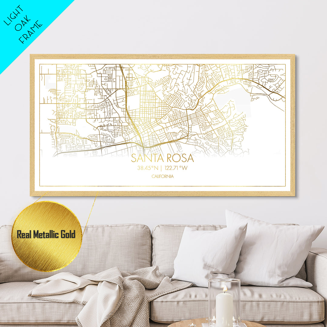 Santa Rosa California City street map, Metallic Gold Print, Metal Art, wood framed map, black and gold, Street Map Art, Minimalist Wall Art