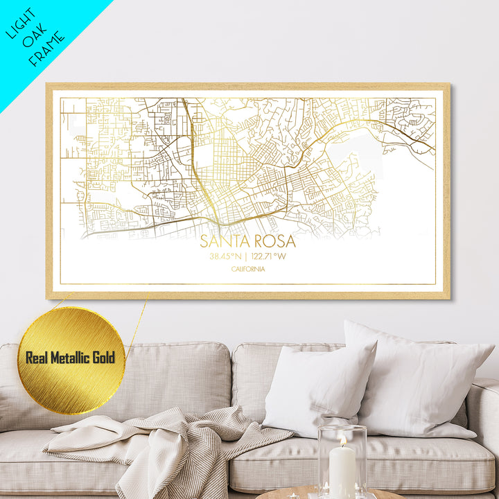 Santa Rosa California City street map, Metallic Gold Print, Metal Art, wood framed map, black and gold, Street Map Art, Minimalist Wall Art