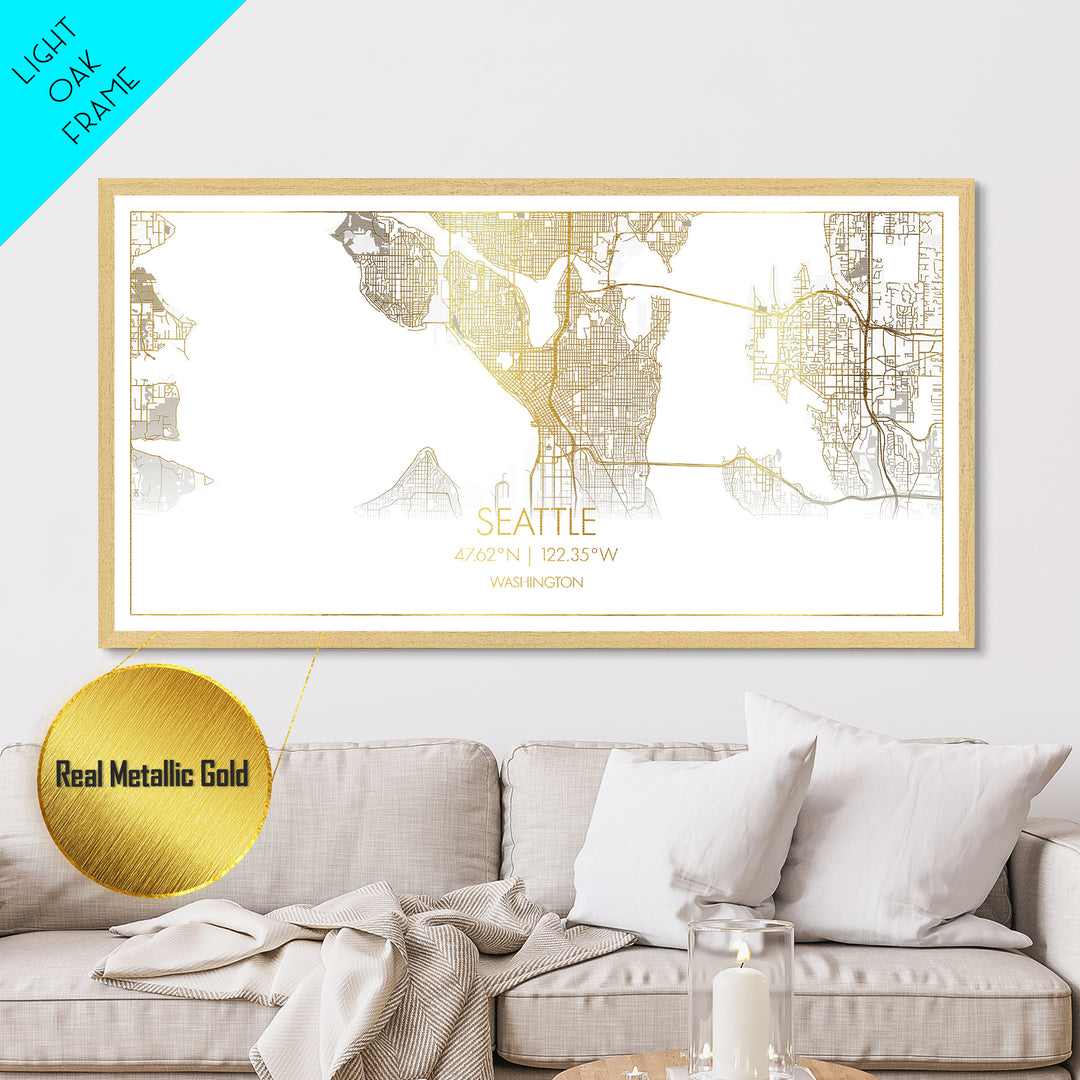 Seattle Washington City street map, Metallic Gold Print, Metal Art, wood framed map, black and gold, Street Map Art, Gold Street Map Art