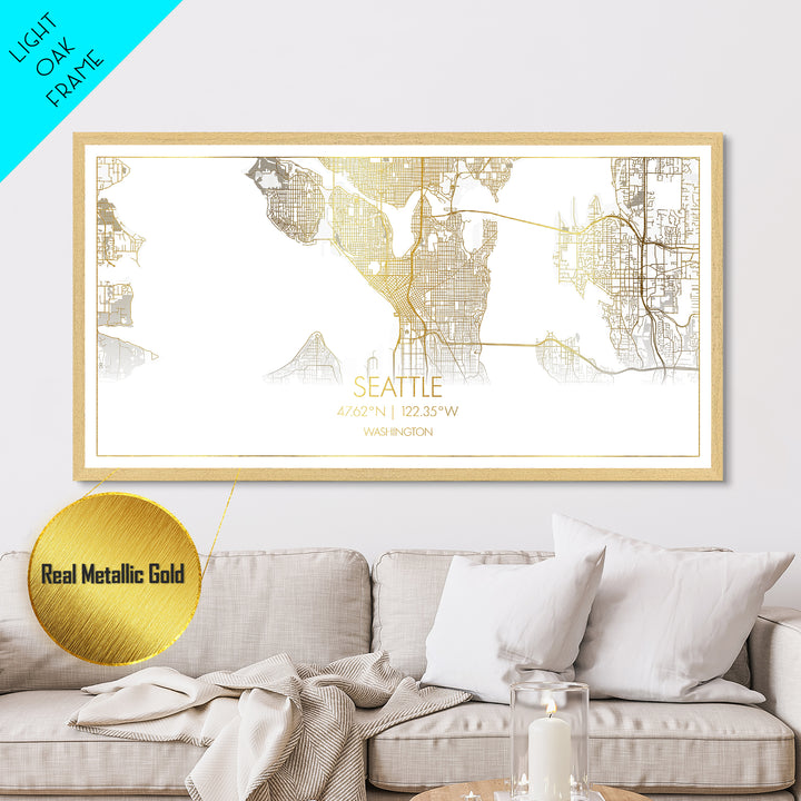 Seattle Washington City street map, Metallic Gold Print, Metal Art, wood framed map, black and gold, Street Map Art, Gold Street Map Art