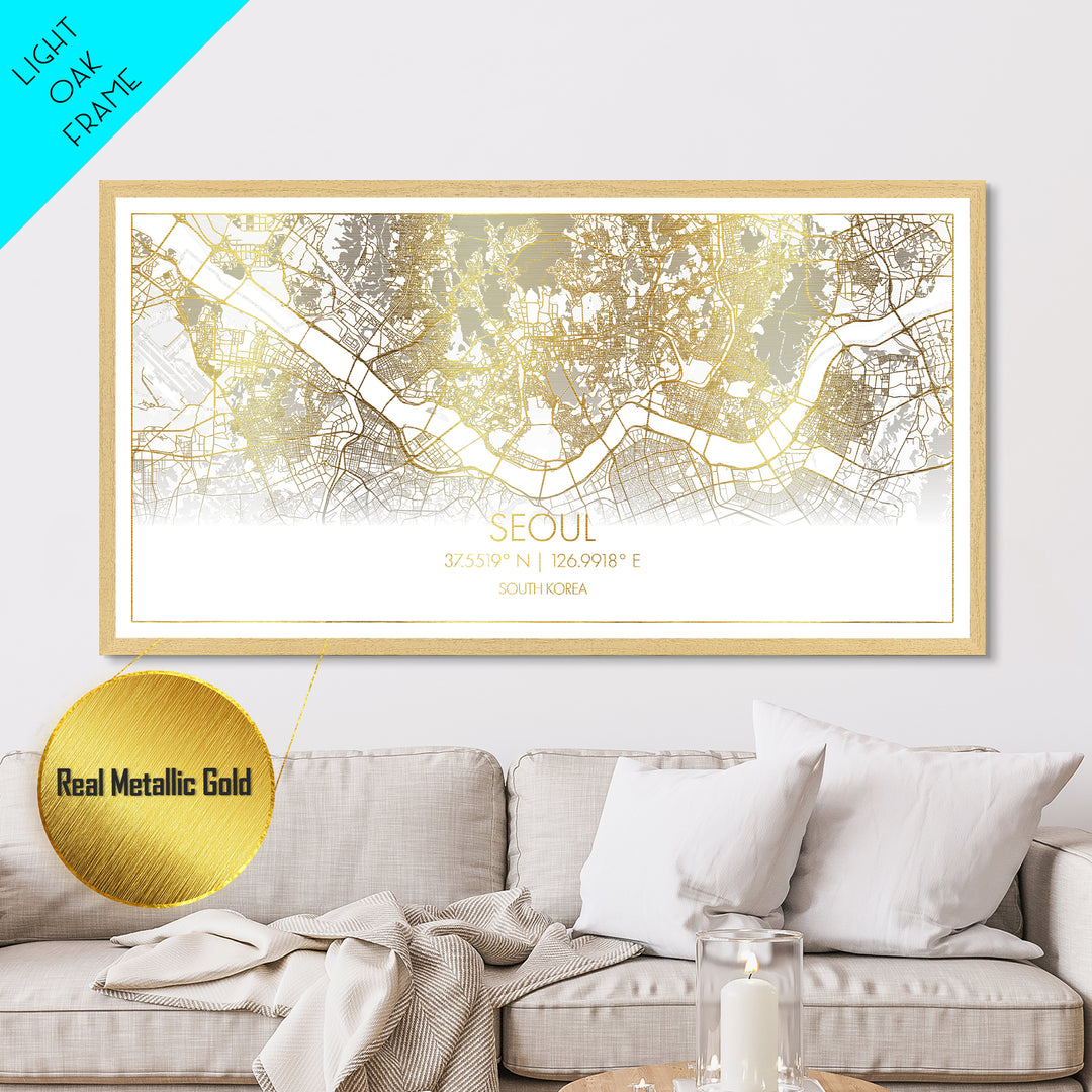 Seoul South Korea City Poster, Metallic Gold Art, Metal Art, real wood frames, black and gold, Street Map Wall Art, Office Decor