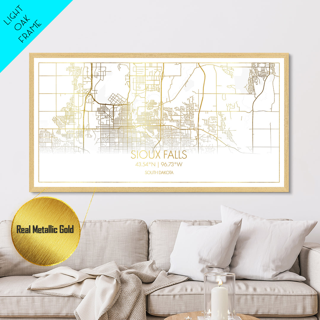 Sioux Falls South Dakota City street map, Metallic Gold Print, Metal Art, wood framed map, black and gold, Street Map Art, Best Friend Gifts