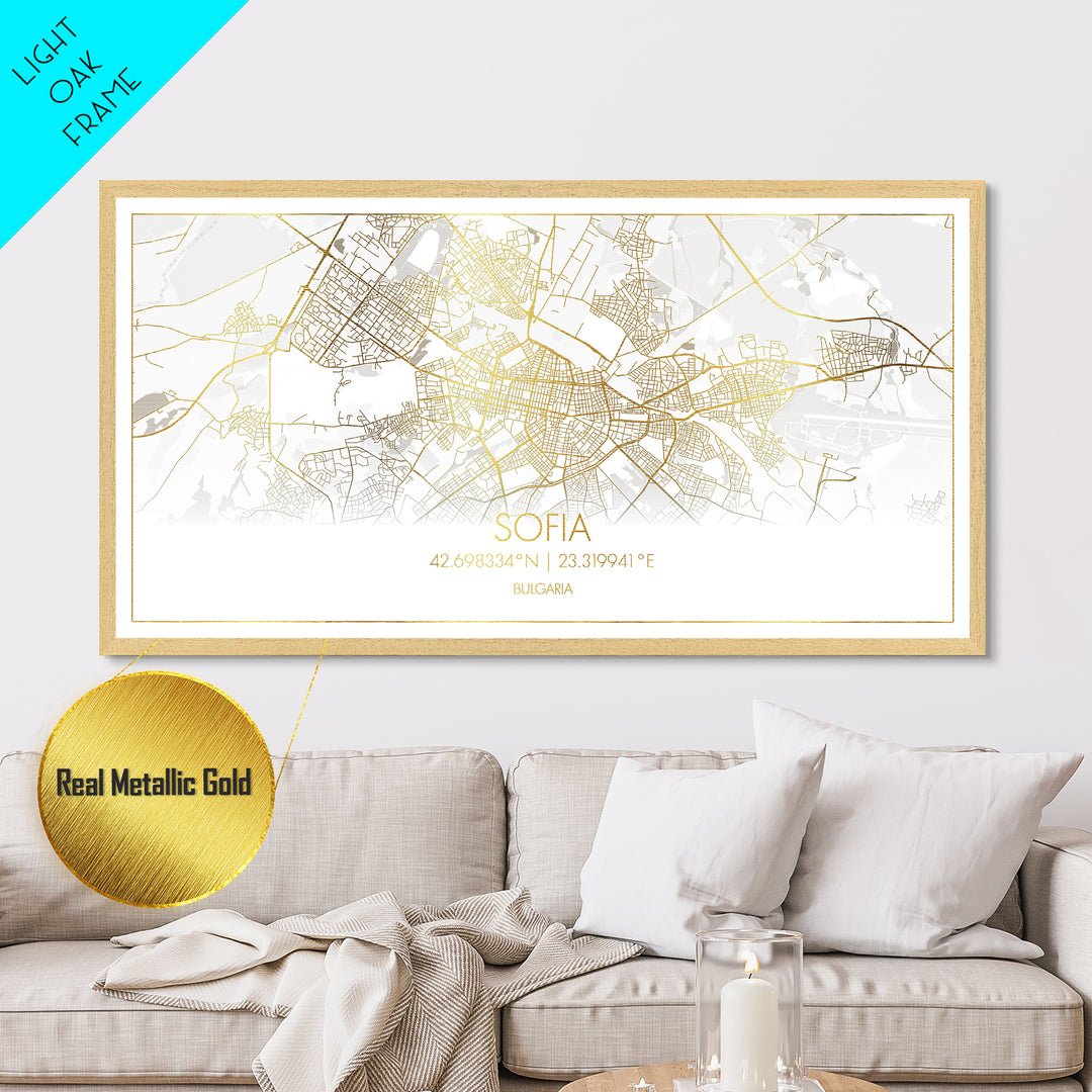 Sofia Bulgaria City Poster, Metallic Gold Art, Metal Art, real wood frames, black and gold, Street Map Wall Art, Modern Wall Art