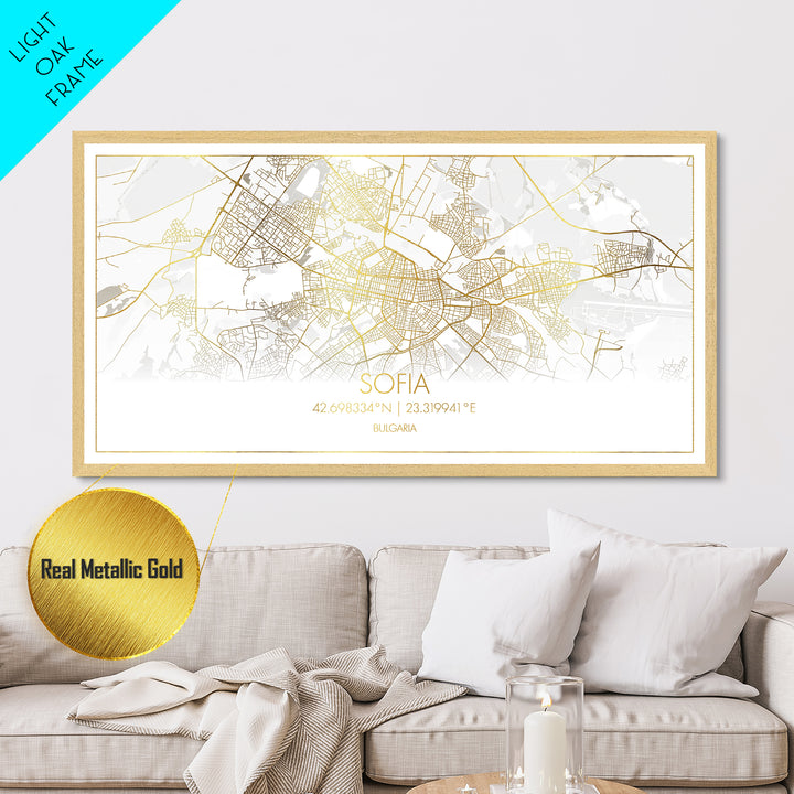 Sofia Bulgaria City Poster, Metallic Gold Art, Metal Art, real wood frames, black and gold, Street Map Wall Art, Modern Wall Art