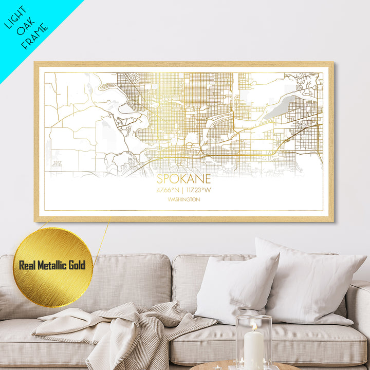 Spokane Washington City street map, Metallic Gold Print, Metal Art, wood framed map, black and gold, Street Map Art, Modern Wall Art