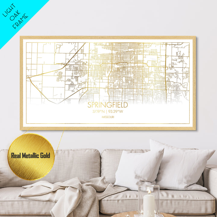 Springfield Missouri City Poster, Metallic Gold Art, Metal Art, real wood frames, black and gold, Street Map Wall Art, Minimalist Wall Art