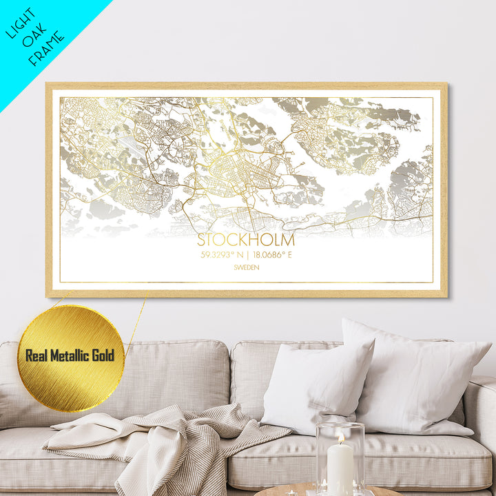 Stockholm Sweden City Poster, Metallic Gold Art, Metal Art, real wood frames, black and gold, Street Map Wall Art, Housewarming Gift
