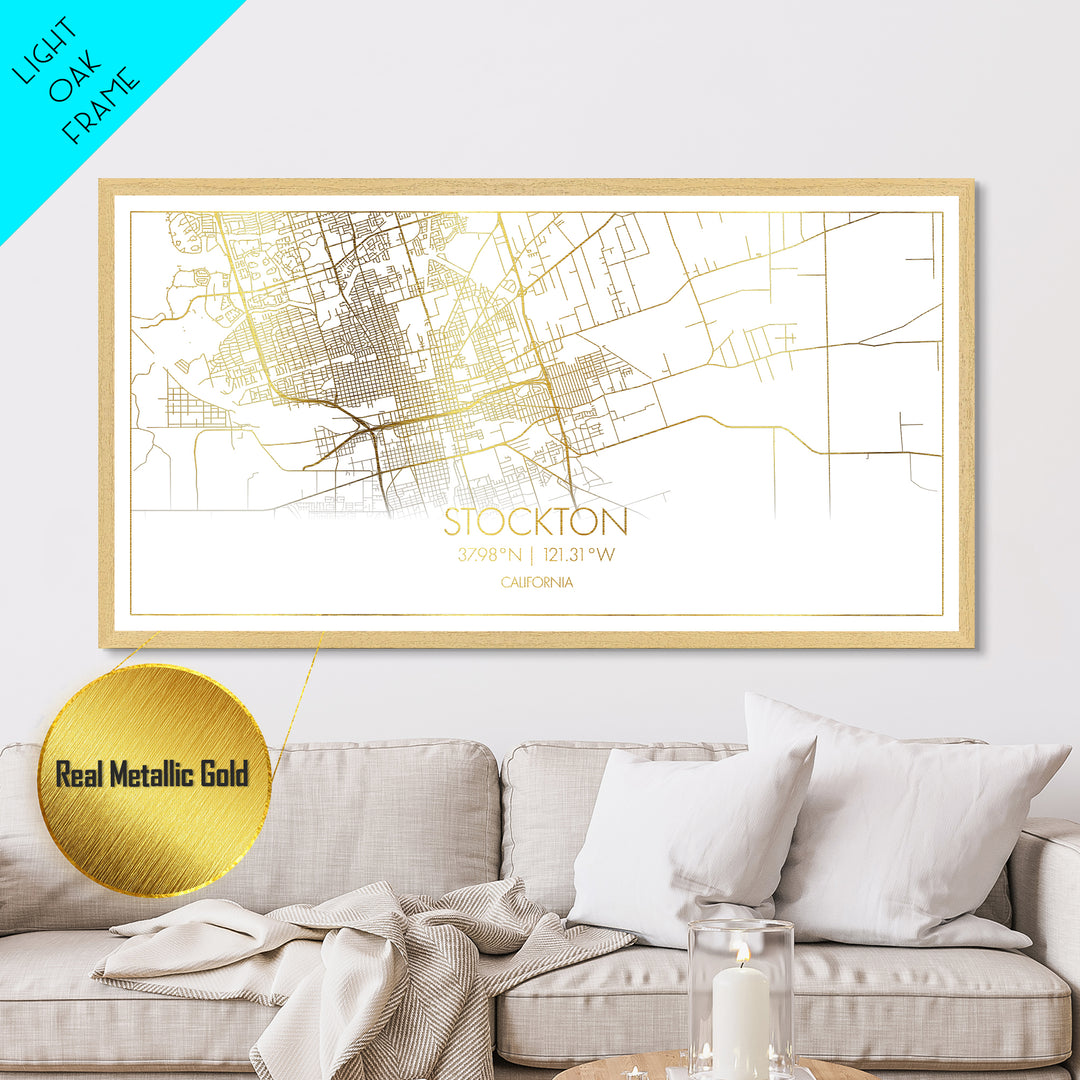 Stockton California City street map, Metallic Gold Print, Metal Art, wood framed map, black and gold, Street Map Art, Modern Wall Art